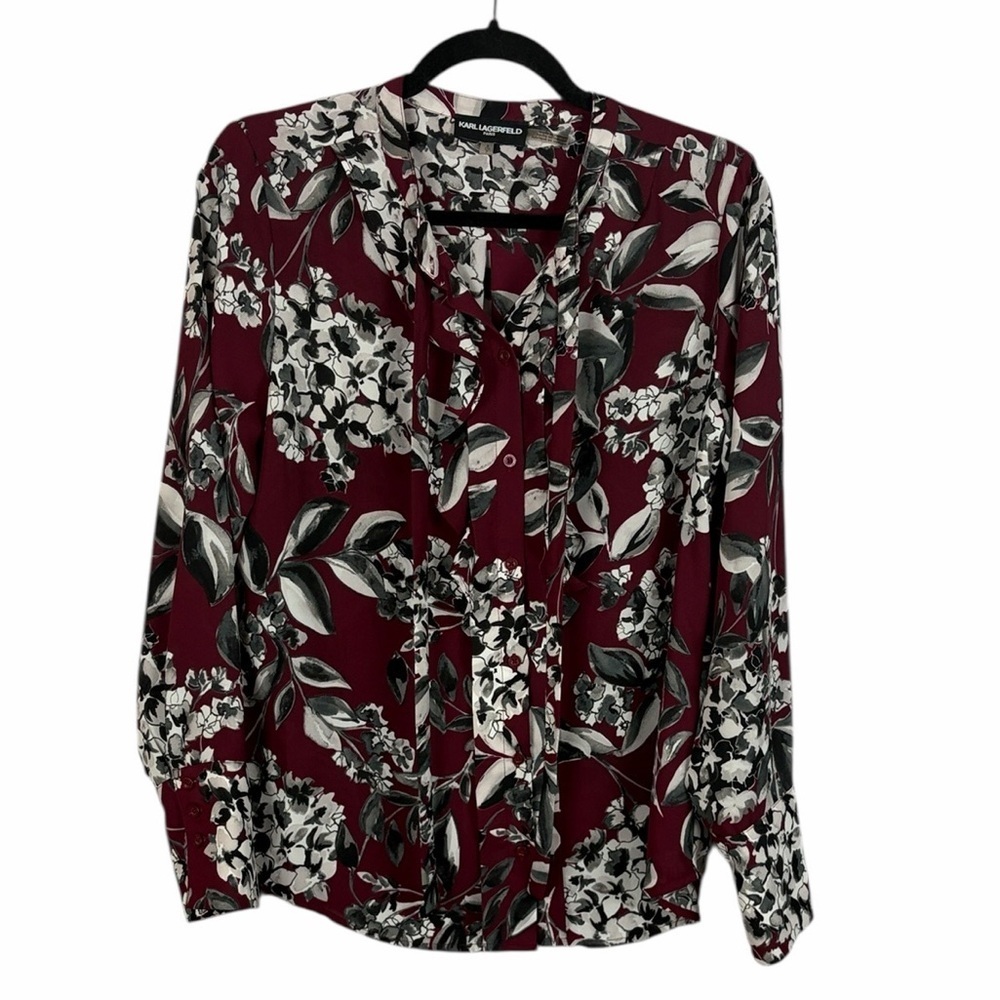 Karl Lagerfeld Paris Floral Tie Neck Blouse Burgundy Long Sleeve Size Small